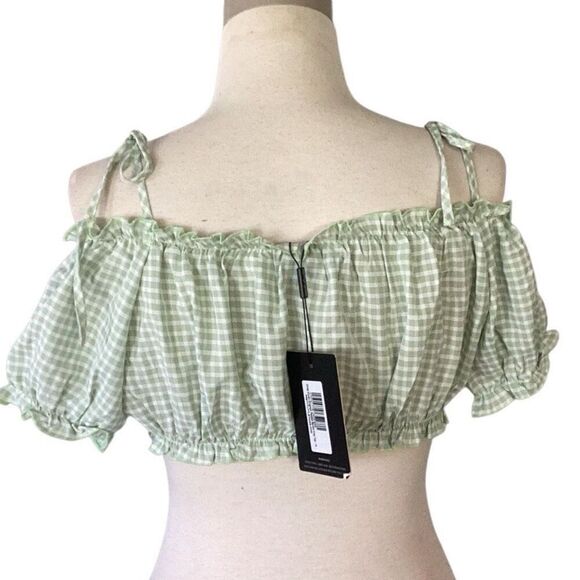 NWT Pretty Little Thing Bardot Ruffle Crop Gingham Top Women’s 10 Mint Green Whi - Picture 3 of 8